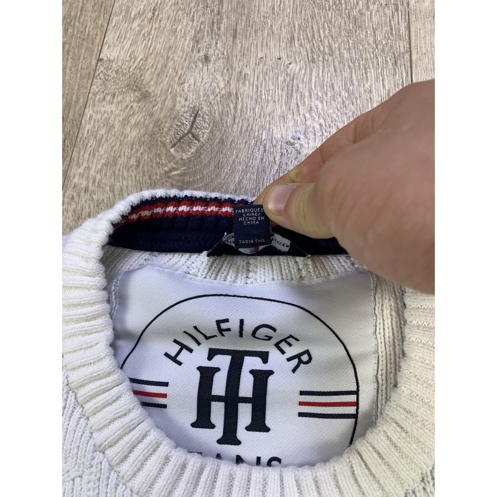 Tommy Hilfiger Sweater Womens Med White Cable Knit Cotton Classic Preppy Tennis - Picture 9 of 16